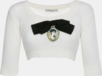 Alessandra Rich White Brushed Knit Portrait Cameo Appliqu&eacute; Crop Top