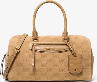 Michael Kors Jet Set Travel Medium Logo Embossed Suede Duffel Crossbody Bag