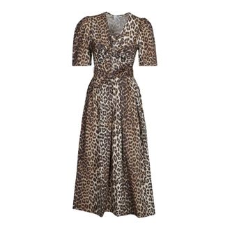 Ganni Midi Dresses, female, Brown, 3XS, Leopard Printed Cotton Tie Strap Midi Dress