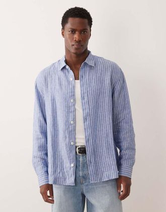Abercrombie & Fitch Camicia a maniche lunghe blu a righe in lino