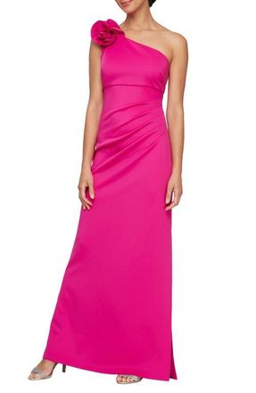 S.L. Fashions Floral Detail One-Shoulder Gown in Fuchsia at Nordstrom, Size 14