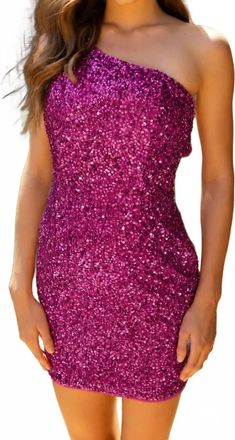 Primavera Anna Dazzling One-Shoulder Sequin Cocktail Dress In Fuchsia