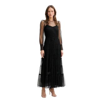 Twinset Jurk met kanten overlay - Dames - Feestkleedjes - Zwart - XL - Leer - Kleedjes