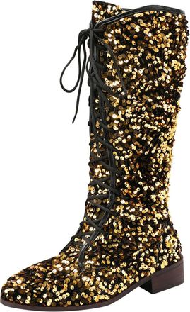 Generic Winter Women Retro Pattern Fashion Mid Calf Boots with Sequin Decoration Lace Up Design Comfortable Thick Low Heels Footwear (Gold, 4. 5)
