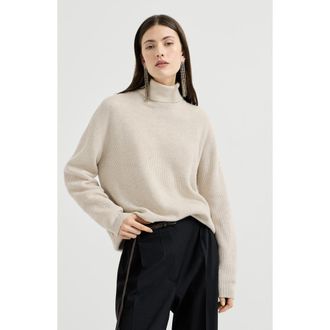 Brunello Cucinelli Cashmere English rib turtleneck sweater with monili in Oyster at Nordstrom, Size Xxx-Large