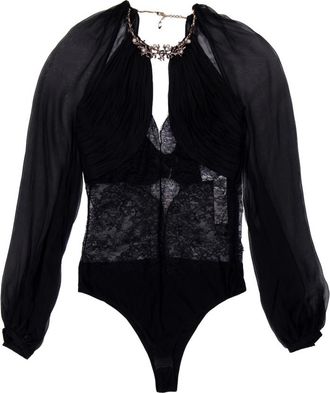 Roberto Cavalli Black Silk Sheer-Sleeve Bodysuit, Brand Size 38 ( US Size 4 )