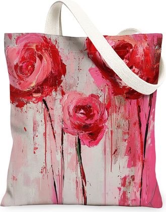 Generic Valentines Day Rose Canvas Tote Bag for Shopping 13x15, Oil Painting Romantic Pink Flower Reusable Grocery Print Pattern Bag for Women, Holiday Beach 