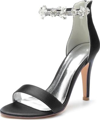 Generic Bridal Satin Wedding Dressy Heels Shoes Womens Bridal Stiletto Heels Sandals Sexy Open Toe Party Pumps 10.5Cm,Black,10 UK