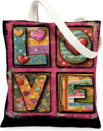 Generic Colorful Love Canvas Tote Bags, Heart Pattern Reusable Grocery Bags, ValentineS Vintage Lightweight Washable Shoulder Stra, Colorful, 13x15 Inch