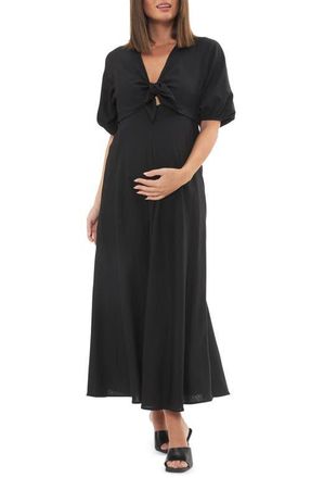Ripe Camille Tie Front Linen Blend Maternity/Nursing Dress in Black at Nordstrom, Size X-Small