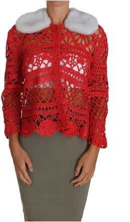 Dolce & Gabbana Raffia Gehaakte Gebreide Cardigan - Dames - Vesten - Rood - M - Truien & Vesten