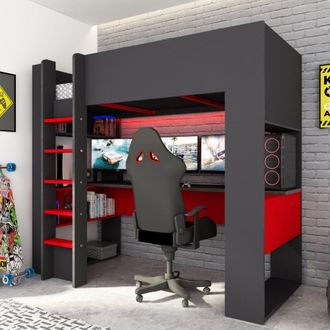 Vente-Unique Letto A Castello 5050 Antracite Rosso Con Scrivania