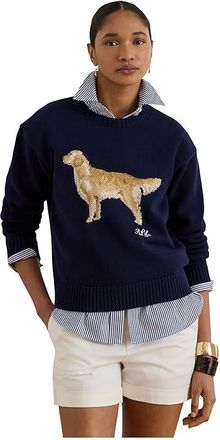 Lauren Ralph Lauren Intarsia-Knit Golden Retriever Sweater Womens Sweater Refined Navy : XL, Cotton