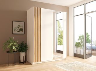 Vente-Unique Armadio 2 ante scorrevoli Con specchio L150 cm Bianco e Naturale - CALELA