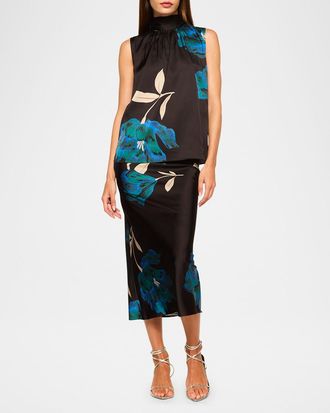 Misa Luka Floral Satin High-Neck Top