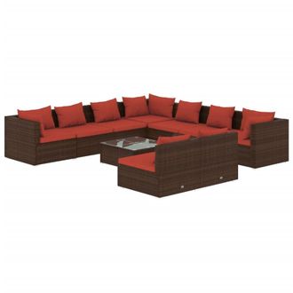 vidaXL Set Muebles De Jard&iacute;n 10 Pzas Y Cojines Rat&aacute;n Sint&eacute;tico Marr&oacute;n Vidaxl