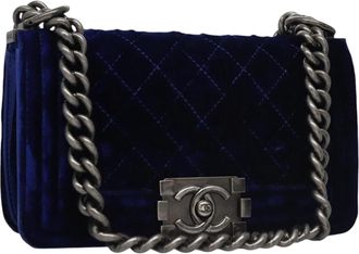 Chanel Boy Flap Bag Quilted Velvet Navy Velvet Bag (Pre-Owned)