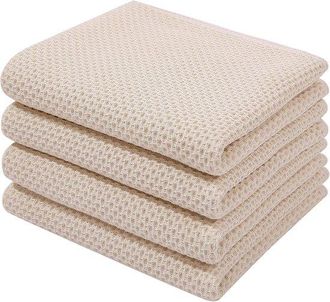 OEM Toalla De Cocina De Algod&oacute;n Con Textura De Gofre, Suave, Absorbente Y De Secado R&aacute;pido, 33 X 71 Cm, 4 Piezas, Beige, Limpiar Y Secar