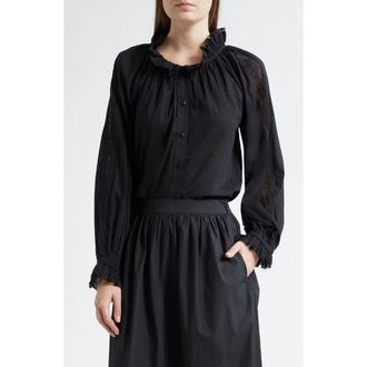 Mille Annette Lace Detail Cotton Button-Up Shirt in Black at Nordstrom, Size X-Large