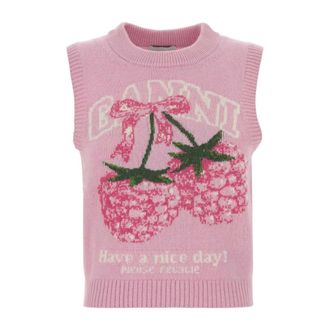 Ganni Round-neck Knitwear, female, Pink, Size: XS Graphic Wool Vest