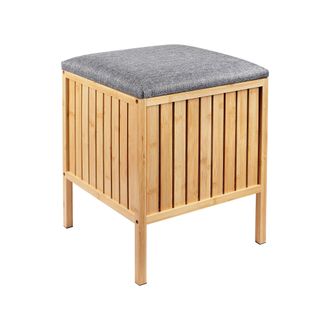 Relaxdays Relaxdays Cesto Ropa Con Asiento De Bamb&uacute;, Tapa Acolchada, 52 X 39 X 39 Cm, Taburete Ba&ntilde;o Con Almacenaje, Natural/gris