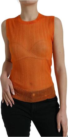 Dolce & Gabbana Oranje Doorzichtige Crew Neck Tank Top - Dames - Tops zonder mouwen - Oranje - XS - Polyester - Tops