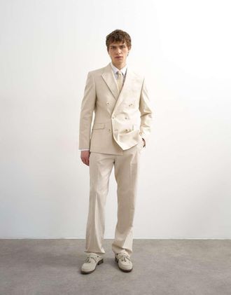 Topman Pantaloni dritti in misto lino color pietra-Neutro