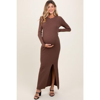 Pinkblush Ribbed Knit Long Sleeve Side Slit Maxi Dress in Mocha at Nordstrom, Size Medium