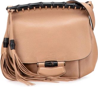 Gucci Borsa a tracolla Nouveau media in pelle con dettaglio in bambù e frange 2000-2015 - Marrone