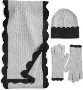Treasure & Bond Scalloped Scarf, Beanie & Gloves Set in Grey- Black at Nordstrom Rack