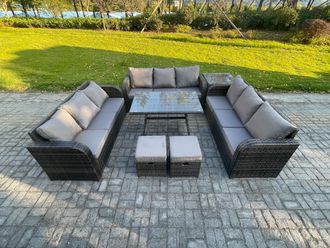 Fimous 11 Seater Wicker Rattan Garden Furniture Set with Rectangular Dining Table Side Table 2 Small Footstools Patio Outdoor Lounge Sofa Set