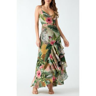 Guess Tracie Tropical Print High-Low Dress in Green Multi at Nordstrom, Size 2