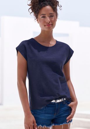 Vivance T-Shirt VIVANCE mit modischer Streifenstruktur, Damen, Gr. 32/34, blau (navy), Obermaterial: 100% Baumwolle, unifarben, bequem normal, Rundhals, Shirt