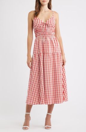 Lulus Spencer Smock Gingham Midi Dress in Red/White at Nordstrom, Size X-Small