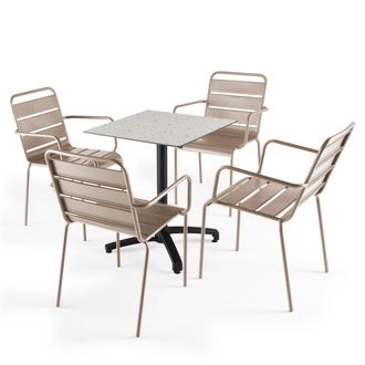 Oviala Mesa de jard&iacute;n de terrazo laminado y conjunto de 4 sillones topo