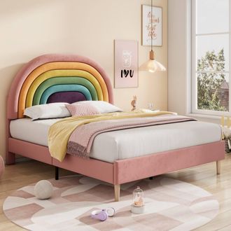 Merax Pink 4ft6 Double Rainbow Upholstered Bed Frame