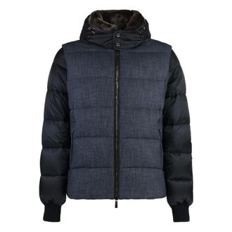 Moorer Down Jackets, male, Blue, M, Hooded Down Jacket with Fur Collar
