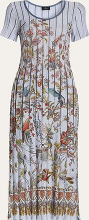 Etro Floral-Print Pleated Short-Sleeve Midi Dress