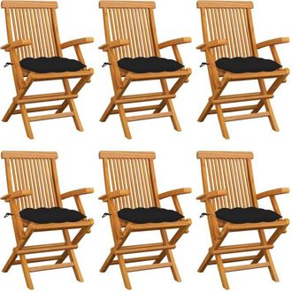 vidaXL Vidaxl - Sillas De Jard&iacute;n 6 Uds Madera Maciza De Teca Con Cojines Negros