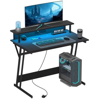 HOMCOM LED Gaming Desk with Power Outlets and Monitor Stand 100 x 60cm Black | TJ Hughes