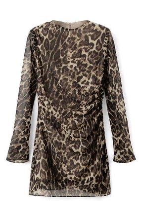 Mango Leopard Print Draped Long Sleeve Minidress in Brown at Nordstrom, Size 10