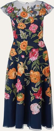 Carolina Herrera Floral Embroidered Cap-Sleeve Illusion Midi Dress