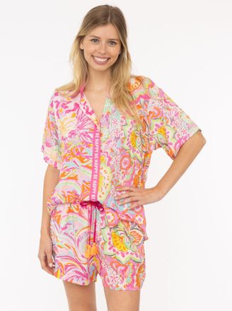 Zwillingsherz Shirtbluse ZWILLINGSHERZ Power Aquarell, Damen, Gr. L/XL (L/XL), pink, Web, Obermaterial: 100% Viskose, gebl&uuml;mt, gemustert, mehrfarbig, h&uuml;ftbedeckend,