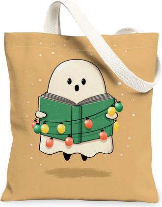 Generic Cute Ghost Canvas Tote Bags, Halloween Character Design Reusable Grocery Bags, Fall Lightweight Washable Shoulder Strap Can, Beige, 13x15 Inch
