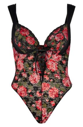 Savage x Fenty Sinful Rose Lace Teddy in Black Caviar Rosy Passions at Nordstrom, Size X-Large