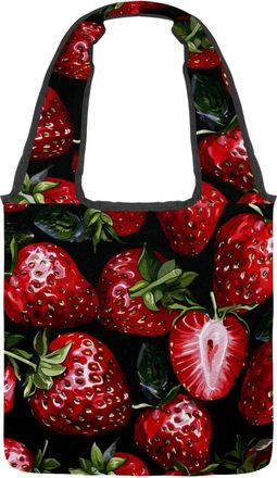 Generic Red Strawberry Print Reversible Canvas Shoulder Tote - Double-Sided Print, 12oz Cotton, 27cm Drop, Fold-Flat Bag for Travel, Shopping, Street Outings