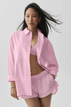 Alo | Cotton Real Deal Button Up Long Sleeve Top in Pink Marshmallow, Size: Medium