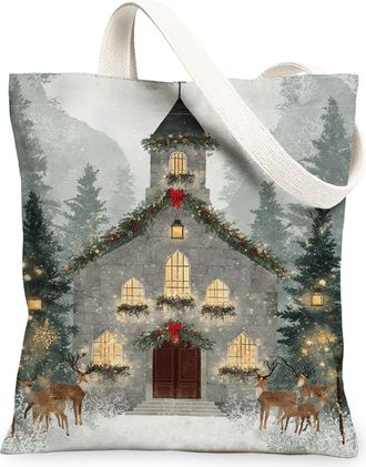 Generic Holiday Church Canvas Tote Bags, Festive Winter Scene Reusable Grocery Bags, Lightweight Washable Shoulder Strap Canvas for Travel Outdoor Picnic 13x1