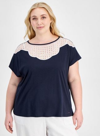 Tommy Hilfiger Top Womens Navy Blue Cotton Lace-Bib Extended Sleeve FTS1208