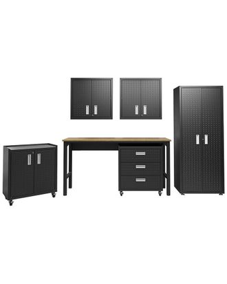 Manhattan Comfort 6Pc Fortress Textured Garage Set With Cabinets, Wall Units And Table